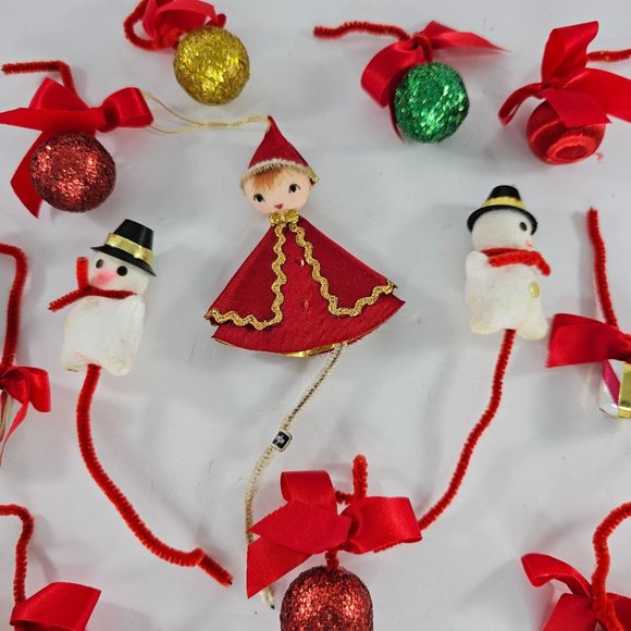 Vintage Felt Pipe Cleaner Christmas Ornament Lot Pixie Snowman Gifts Balls - Picture 2 of 10